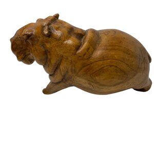 Hand-Carved Wooden‎ Hippo Sculpture Hippopotamus Brown Art Carving Chipped Ears